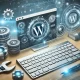 Un bureau avec un clavier, une souris et des écrans numériques affichant des logos WordPress entourés d'engrenages et d'effets numériques, avec des outils comme une clé et un stylo à proximité.